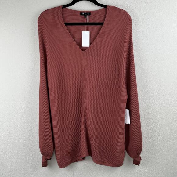 1.State V-Neck Ribbed Balloon Sleeve Terracotta Brown Oversize Sweater Large NWT - Picture 11 of 12